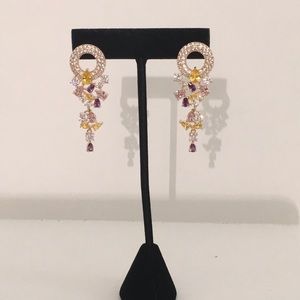 Gold Tone Statement Earrings W/ Pastel Rhinestones